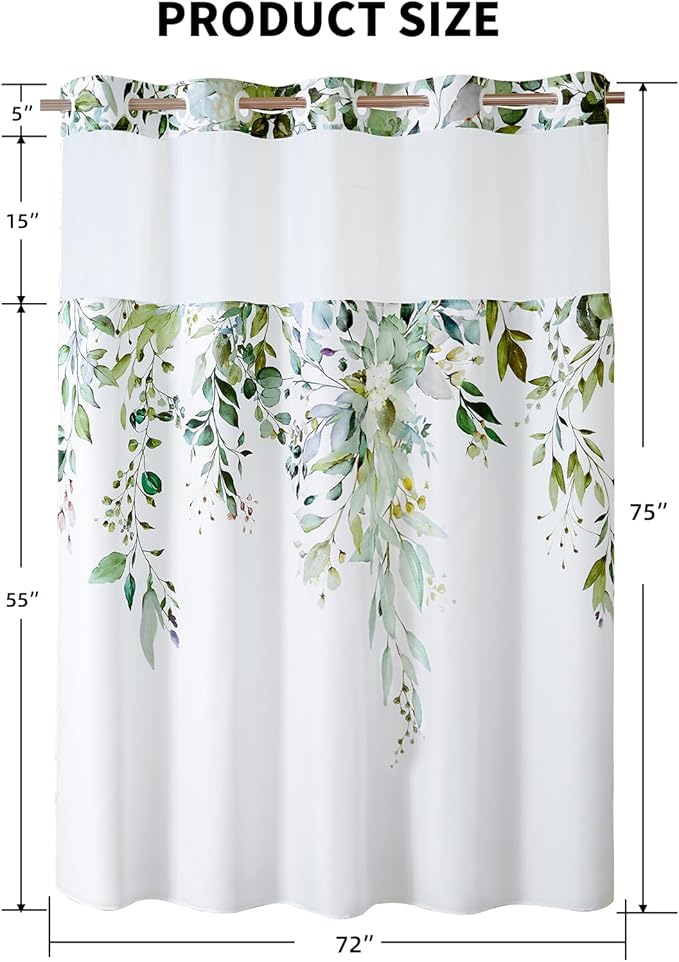QiyI No Hook Shower Curtain with Snap in Fabric Liner, Sage Green Eucalyptus Shower Curtain with See Through Top Window, Waterproof Washable Cloth Ringless Shower Curtain Set for Bathroom, 72 x 75