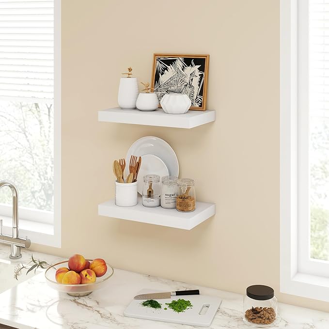 16 Inch Floating Shelves, 9.3" Deep Floating Shelf Wall Mounted, 16" Wall Shelves, Rustic Deep Bookshelf, Large Display Shelves & Storage Shelves for Bedroom, Living Room, White, Set of 2