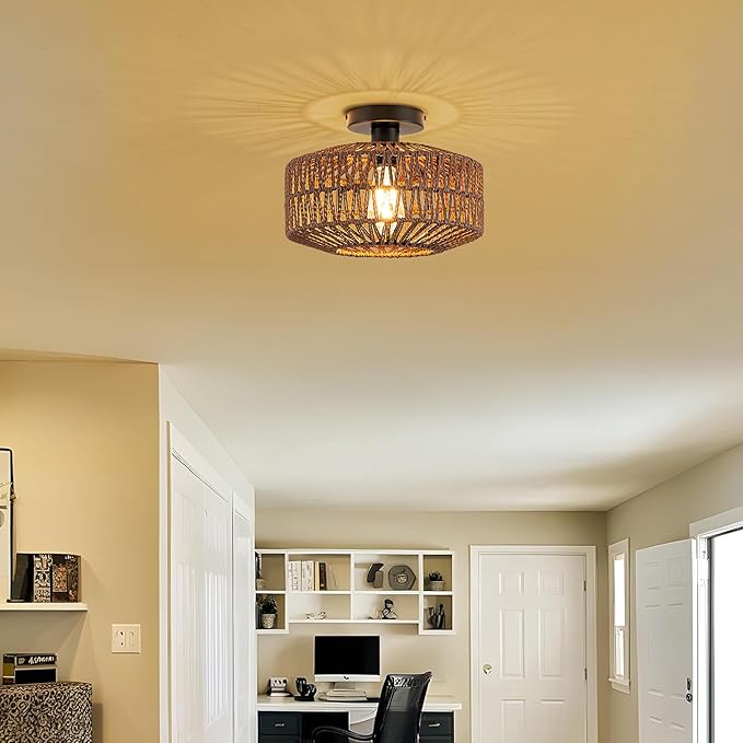 MAYNA 11.8" Rattan Ceiling Light, Mini Boho Light Fixture with LED Bulb, Hand Woven Bohemian Ceiling Light Fixtures Flush Mount for Hallway Bedroom Living Room Dining Room Entryway