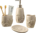 Bathroom Accessories Set, 4 PCS Bathroom Accessory Sets with Soap Dispenser, Toothbrush Holder, Tumbler, Soap Dish, Bathroom Countertop Organizer, Sea Bathroom Decor (Beige)
