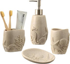 Bathroom Accessories Set, 4 PCS Bathroom Accessory Sets with Soap Dispenser, Toothbrush Holder, Tumbler, Soap Dish, Bathroom Countertop Organizer, Sea Bathroom Decor (Beige)