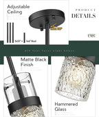 LMS Glass Pendant Lights Kitchen Island, 1-Light Modern Black Pendant Light with Hammered Glass and Rods, Mini Hanging Lighting for Kitchen Island Sink Bathroom Bedroom, LMS-172