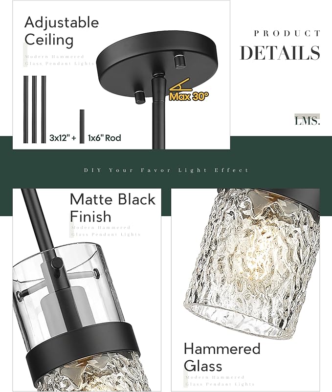 LMS Glass Pendant Lights Kitchen Island 2-Pack, Modern Black Pendant Light Set of 2 with Hammered Glass and Rods, Mini Hanging Lighting for Kitchen Island, Bathroom, Bedroom, LMS-201