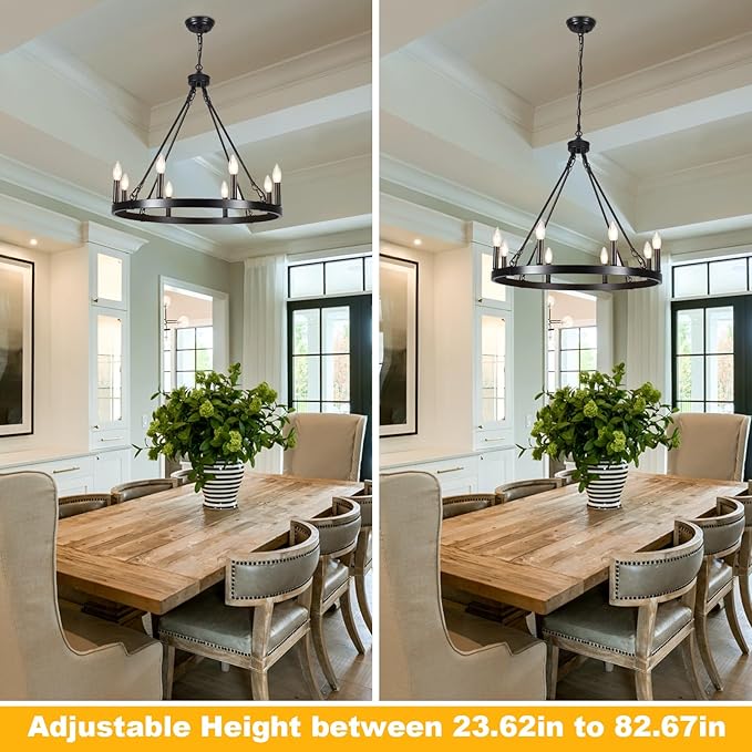 Black Wagon Wheel Chandelier Diam 26 inch 8 Light Black Farmhouse Chandeliers for Dining Room Rustic Round Pendant Light Fixtures for Living Room Kitchen Island Foyer Entryway