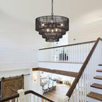 19.7" Hand-Woven Rattan Chandelier Vintage Farmhouse 6-Lights Boho Black Bamboo Chandeliers Light Fixture Retro Drum Wicker Rattan Chandelier for Dining Room, Kitchen Island, Bedroom, E12
