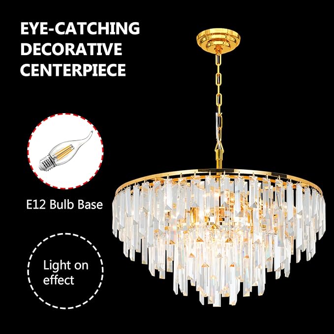 Gold Modern Round Top K9 Crystal Chandelier Lighting Fixture, 8 Lights Round K9 Crystal Adjustable Hanging Lamp for Dining Room Bedroom Living Room,Hallway,Bar,Kitchen W24''