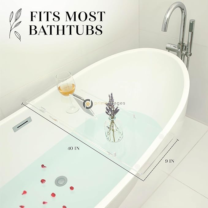 40" Supreme - Clear Acrylic Bathtub Tray Caddy Tub Shelf, Spa Board Luxury Bathroom Bath tub Table, Fits Across Bathtubs, Book, iPad and Wine Glass Holder (Supreme, 40")