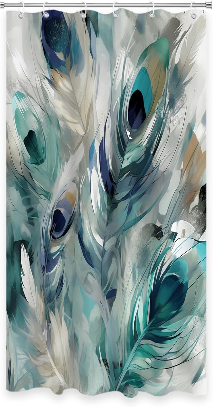 Vintage Peacock Feathers Stall Shower Curtain Modern Watercolor Peafowl Feather Shower Curtain Set with 6 Hooks 36x72 inch Polyester Machine Washable, Blue Grey and White