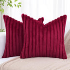 decorUhome Faux Fur Christmas Throw Pillow Covers 18x18 Set of 2, Decorative Soft Plush Striped Neutral Couch Euro Pillow Covers with Velvet Back for Sofa, Bed, Living Room Home Decor, Burgundy