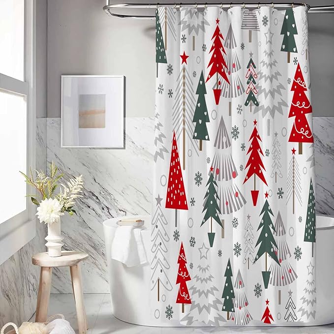 Christmas Shower Curtain Merry Xmas Tree Shower Curtains Sets Winter Farmhouse Holiday Polyester Waterproof Fabric Washable Decorative Bathroom Curtain 72" x 72" with 12 Hooks