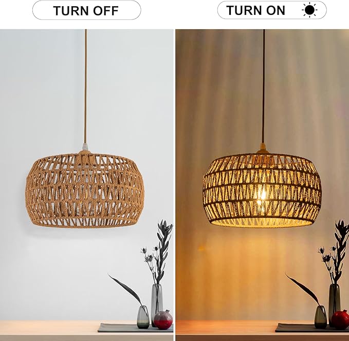 Rattan Pendant Light Fixture Ceiling Bohemian Chandelier Flush Mount Hanging Light 12.99-inch Small Woven Lamp Shade Wooden Base Basket for Kitchen Island Hallway Bedroom Dinning Table