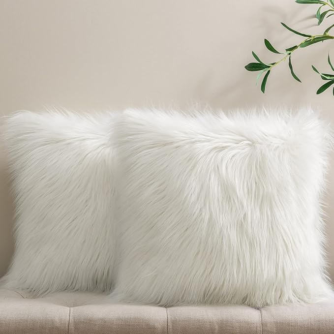Phantoscope Pack of 2 Faux Fur Striped Throw Decorative Pillow Cover Cushion Covers Luxury Soft Decorative Pillowcase Fuzzy Pillow Covers for Bed/Couch,Cream White 24 x 24 Inches