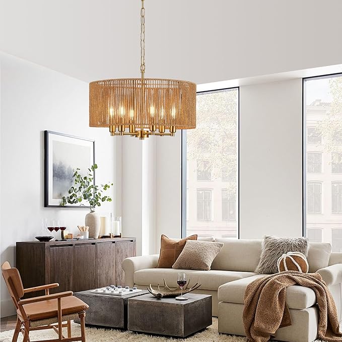 20“ Hand-Woven Rattan Chandelier Vintage Farmhouse Boho Bamboo Golden Chandelier Light Fixture Retro Drum Wicker Gold Chandeliers for Dining Room, Kitchen Island, Living Room