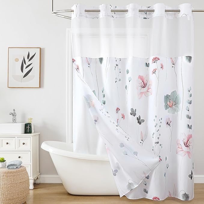 QiyI Flower Shower Curtain with Snap in Liner, Grey and Pink Watercolor Floral Cloth Bath Curtains, No Hook Shower Curtains with Mesh Top Window, Fabric Waterproof Bathroom Curtain Set, 72 x 75 Inch
