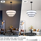 19.8'' Drum Chandelier for Dining Room Light Fixtures 5-Light White Fabric Pendant Light Fixture, Modern Farmhouse 3-Tier Black Chandelier for Living Room Bedroom Entryway Staircase