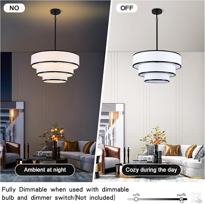 19.8'' Drum Chandelier for Dining Room Light Fixtures 5-Light White Fabric Pendant Light Fixture, Modern Farmhouse 3-Tier Black Chandelier for Living Room Bedroom Entryway Staircase