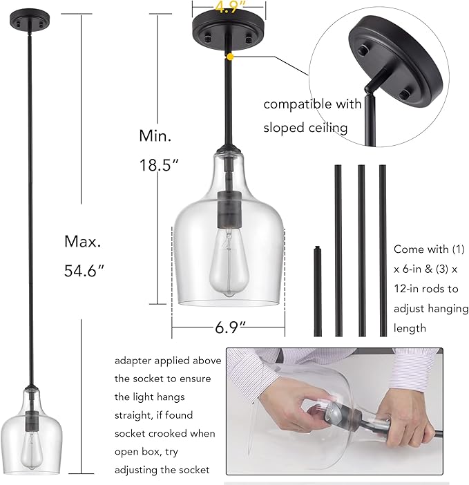 Modern Farmhouse Pendant Lighting for Kitchen Island Glass Black Pendant Light Fixtures Rod-Hung