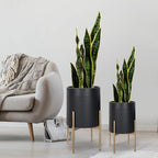 Oakrain Planters for Indoor Plants, Set of 2 Mid Century Modern Planter with Stand, Decorative Metal Planter Pots for Living Room, Office, Garden or Balcony, Black, 10"&12"