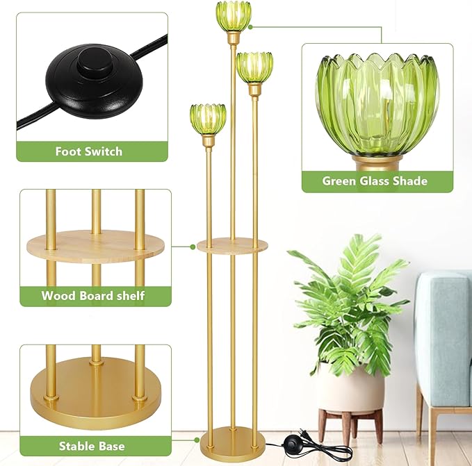 HMVPL Gold Floor Lamp for Living Room, Boho Floor Lamp with Shelves, Vintage Standing Lamp with Table, Brass Flower Tall Lamp with Green Glass Shade, On/Off Switch, Mid Century Corner Lamp for Bedroom