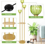 HMVPL Gold Floor Lamp for Living Room, Boho Floor Lamp with Shelves, Vintage Standing Lamp with Table, Brass Flower Tall Lamp with Green Glass Shade, On/Off Switch, Mid Century Corner Lamp for Bedroom