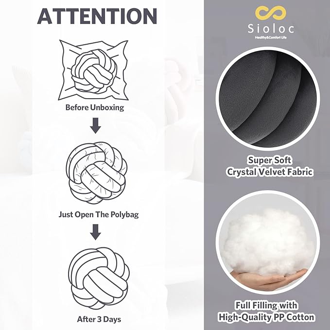 Sioloc Soft Knot Ball Pillows,Round Throw Pillow Cushion Home Decoration Plush Pillow,Throw Knotted Pillow Handmade Round Plush Pillow（13.7inches,Dark Grey）