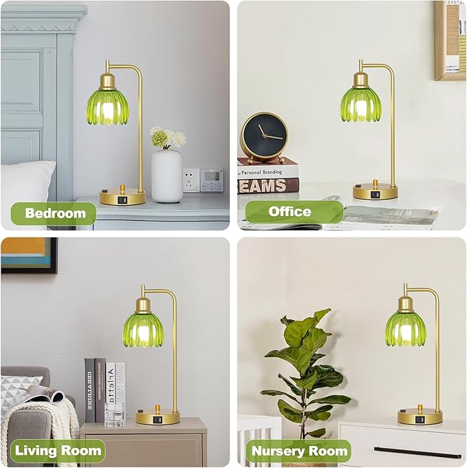 Vintage Table Lamp with USB Port and Outlet Set of 2, Green Glass Bedside Table Lamp For Bedroom, Retro Desk Lamps For Home Office, Mid Century Modern Small Night Stand Lamps, Gold Rustic Desk Light