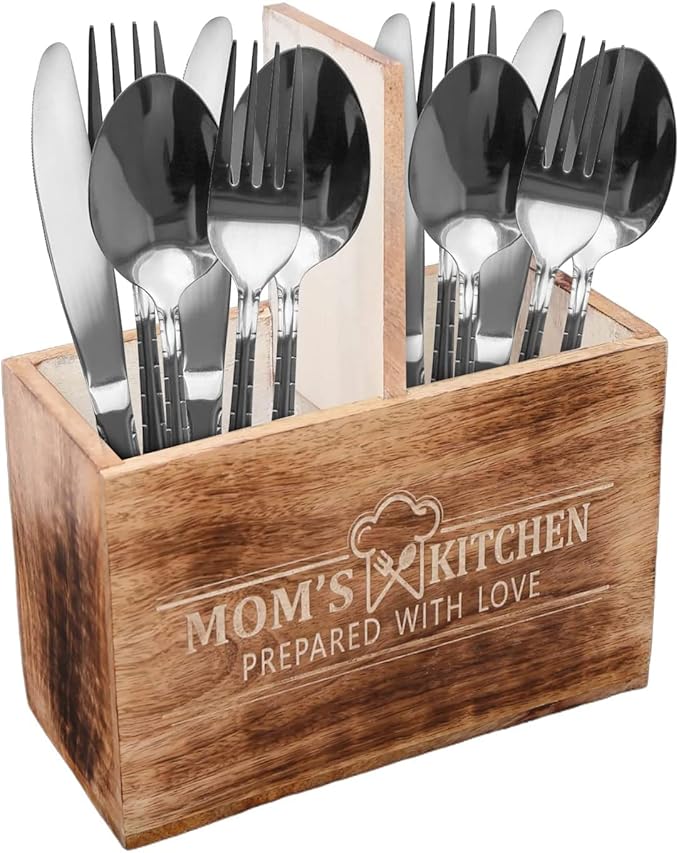 Wooden Utensil Holder For Countertop - Durable Cooking Utensils Holder - large Rustic Countertop Kitchen Décor - Spatula Utensils And Spoons Organizer With Divider