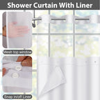 No Hook Shower Curtain Set with Snap in Liner, White Jacquard Tufted Geometric Bath Curtain, Boho Luxury Hotel Bathroom Decor, Waterproof Washable, 71 x 74 Inch