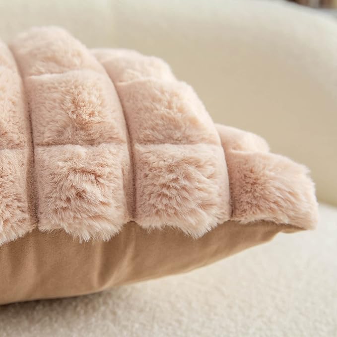 Neelvin Camel Faux Fur Cozy Soft Plaid Decorative Throw Pillow Covers 20x20 inch Set of 2,Velvet Pillowcase Cushion Case for Sofa Couch