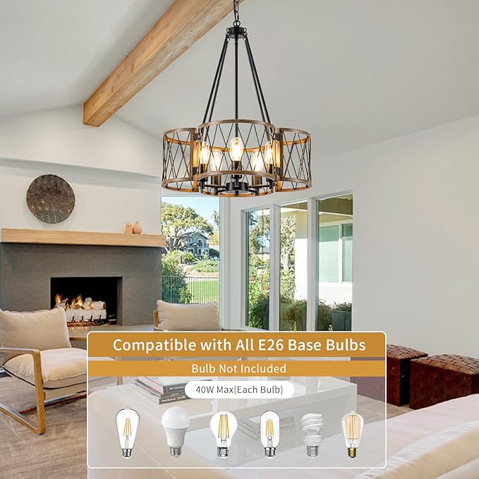20.8'' Farmhouse Chandeliers for Dining Room, 5-Light Rustic Chandelier Wood Grain Metal Round Hanging Light Fixture, Vintage Drum Pendant Lights for Living Room, Bedroom, Kitchen, Entryway