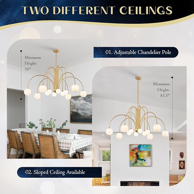 Large Gold Sputnik Chandelier Mid Century 12 Lights Modern L52” Milk Glass Globe Ceiling Pendant Light Fixture for High Ceiling Foyer Staircase Living Dining Room