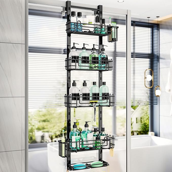 HapiRm 5 Tier Over the Door Shower Caddy, Hanging Shower Caddy with 28 Hooks and 2 Toothbrush Holders, No Drilling Adjustable Hanging Bathroom Organizer - Black