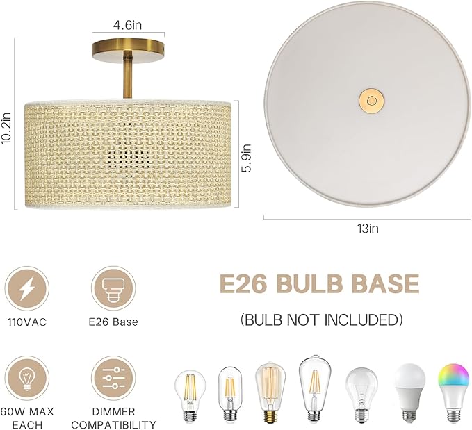 Rattan Ceiling Light Fixture, 13" Woven Drum Flush Mount Light with Gold Finish, 3-Light Boho Wicker Ceiling Lighting for Bedroom, Living Room, Farmhouse, Modern Room Decor