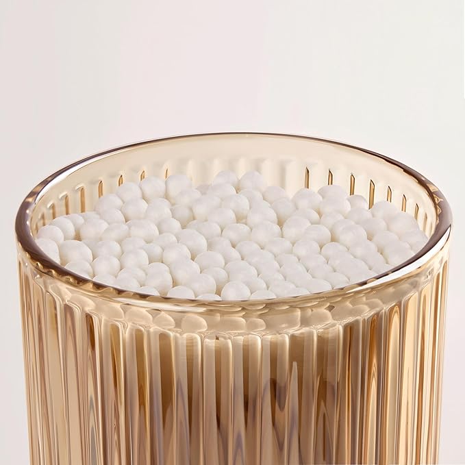 Bathroom Storage Organizer - 2 Pack Glass Qtip Holder Dispenser, Vanity Organizer, Bathroom Essentials Decor Canister for Cotton Swabs, Cotton Balls, Pads, Floss Picks (Amber)