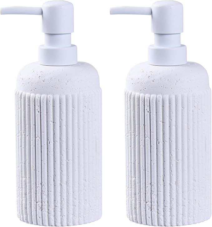2Pcs White Natural Travertine Textures Hand Soap Dispenser Set, Small Bathroom Countertop Resin Liquid Soap Dispensers, Kitchen Dish Wash Soap Dispensers,Refillable Dispenser with Vertical Stripe
