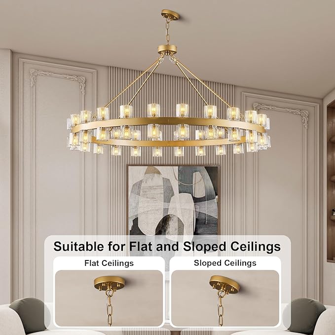 48 Inch Gold Wagon Wheel Chandelier with Crystal Shade, 48 Lights, Modern Farmhouse Style, Ideal for Dining Room, Kitchen, Entryways
