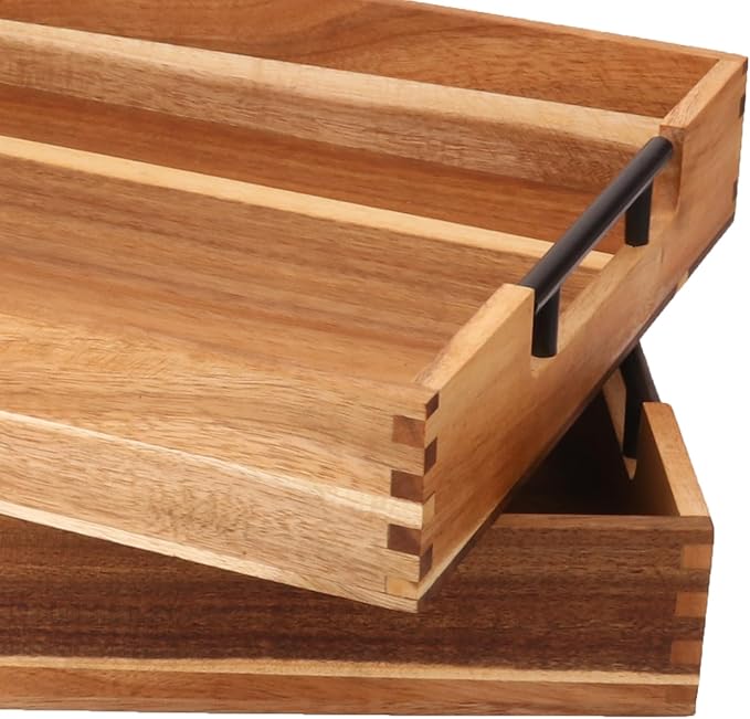 2 PCS Acacia Wood Serving Tray with Black Handles - 13 x 17 inches Premium Wooden Tray for Ottoman and Coffee Table Tray, Home Decor, Kitchen