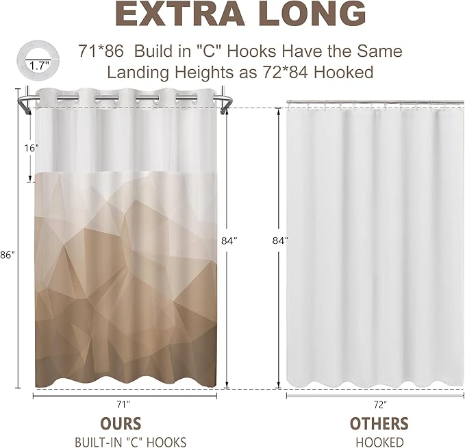No Hook Shower Curtain with Snap in Liner and Sheer Window, Brown Modern Geometric Fabric Shower Curtain Set for Bathroom Decor, 15-Second Quick Install, Abstract Irregular Ombre, 71"X86"