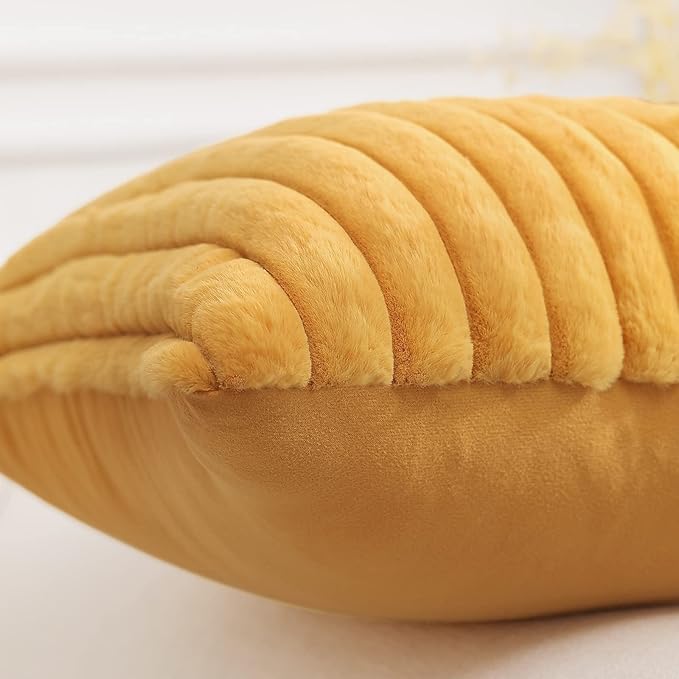 Pallene Faux Fur Plush Lumbar Throw Pillow Covers 12x20 Set of 2, Luxury Soft Fluffy Striped Decorative Pillow Covers for Sofa, Couch, Living Room, Mustard Yellow