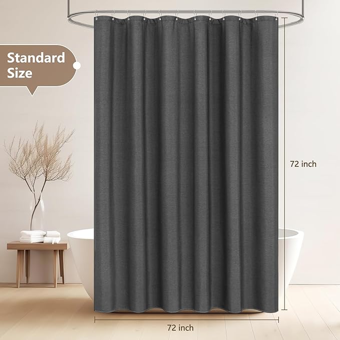 Rustic Country Faux Linen Shower Curtain Charcoal Grey, Heavyweight Polyester Fabric Shower Curtain Water-Resistant, 72 x 72 Inch Dark Gray Linen Look Hotel Bathroom Curtain Washable
