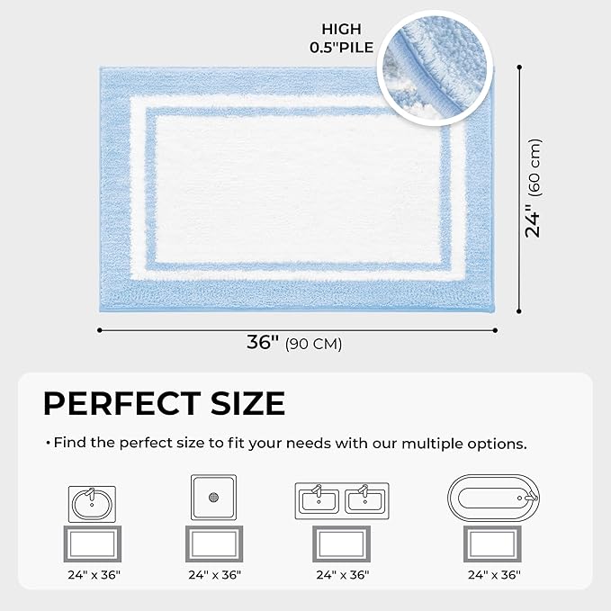 GRANNY SAYS Microfiber Bathroom Rugs Non Slip Washable, Water Absorbent Bathroom Mats for Tub Non Slip, Soft Bath Mats for Floor & Shower, Long Bath Rug, 24" x 36", Baby Blue