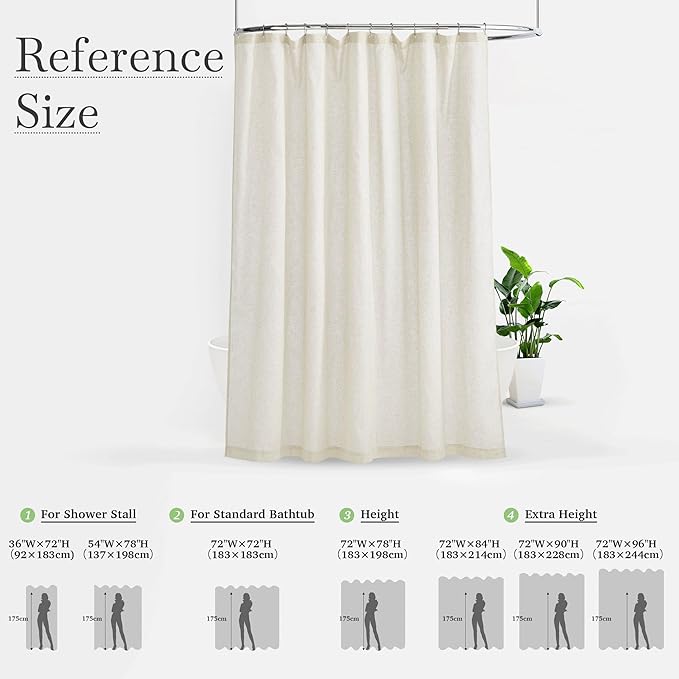 KGORGE Natural Linen Shower Curtain for Bathroom - Linen Blend Button Hole Semi Sheer Lightweight Waterproof Shower Curtains for Bathtub, 54 x 78 inches Long, Hooks Included