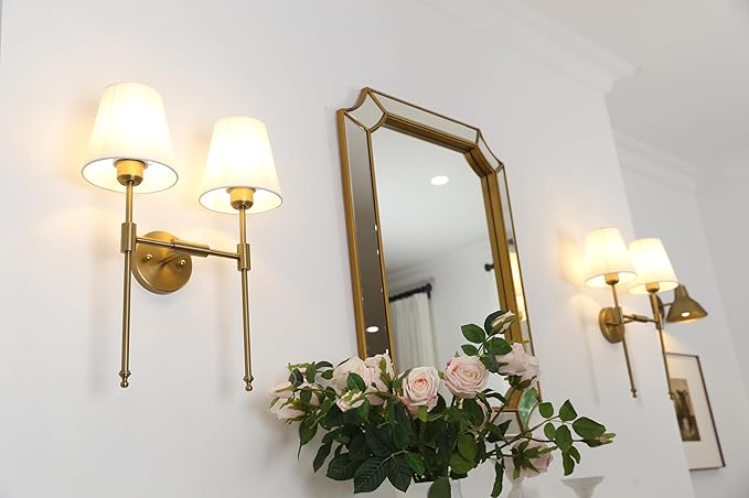 PERMO Classic Rustic Double Sconce Large 2-Lights Wall Sconce with Flared White Textile Lamp Shade and Antique Brass Finished Long Arm, Wall Sconce Light Fixture for Living Room Bathroom Bedroom
