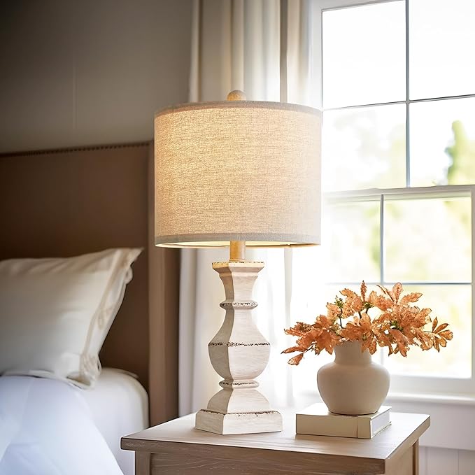PoKat 20.5" Farmhouse Table Lamp, Vintage Bedside Lamps for Bedroom, Rustic Small End Table Lamps for Living Room, Traditional Nightstand Desk Lamps Distressed Washed White, Suitable for Small Place