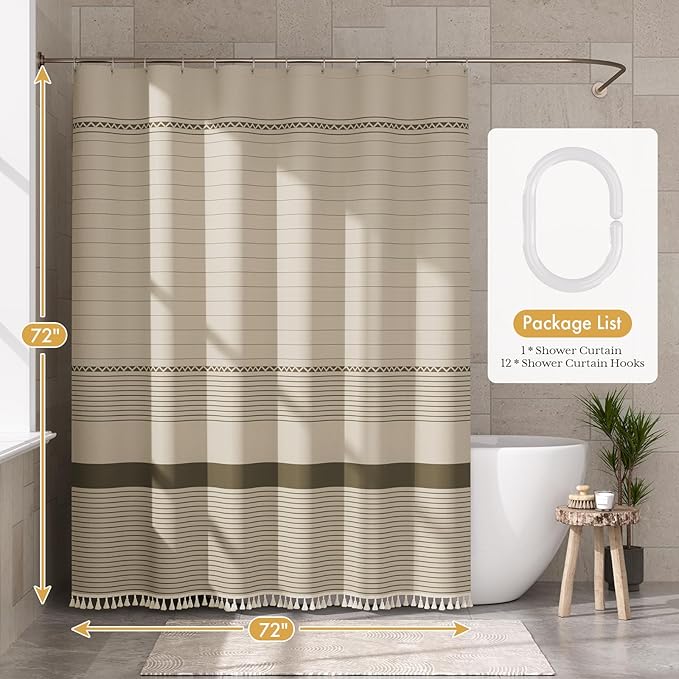 AmazerBath Farmhouse Shower Curtain, Brown Shower Curtain Set with Tassels, Rustic Faux Linen Brown Striped Boho Shower Curtain with Hooks, Warm Tan Toned, 72x72 Inches