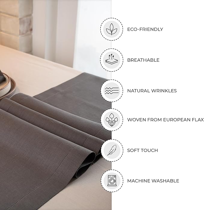 D'Moksha Homes Linen Charcoal Grey Table Runner 72 Inches Long - 100% Pure Linen Hemstitch Table Runner 14 x 72 Inch for Dresser, Dining, Fall, Autumn and Halloween - Classic Hemstitch