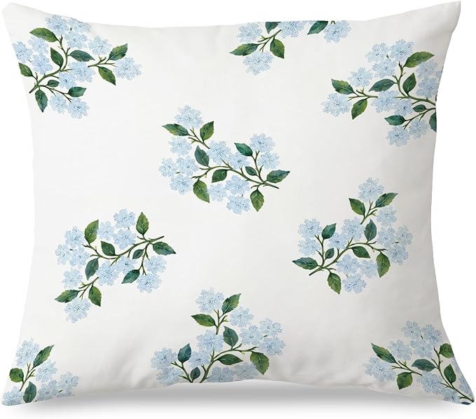 JINYO Rustic Blue Hydrangea Floral Pillow Covers 18x18, Blue Hydrangea Decor, Farmhouse Spring Flower Grandmillenial Pillow Covers for Home Bedroom Living Room, Cottagecore Room Decor
