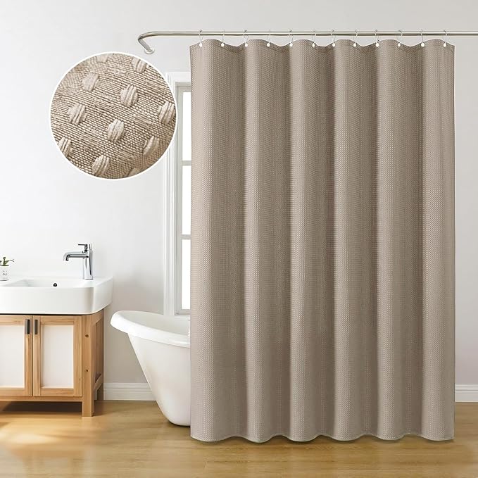 Inhousolu Fabric Shower Curtain Waffle Weave, 230 GSM Heavy Duty, Weighted Hem, 14 Metal Hooks, Water Repellent, Machine Washable, Hotel Spa Luxury Bath Curtain Set, 72 x 96 Inch, Beige