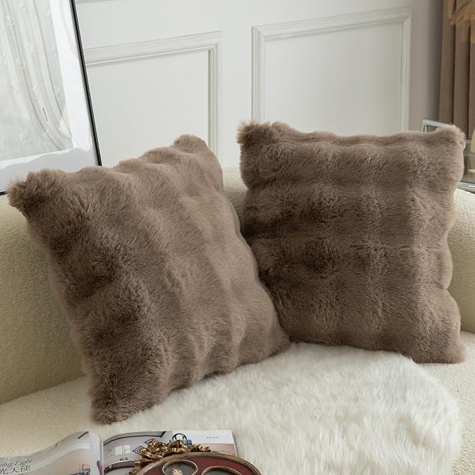 MANDIOO Pack of 2 Thick Plush Wool Decorative Throw Pillow Covers Super Soft Wave Bubble Fur Velvet Cushion Covers Pillow Shams for Couch Bed Living Room 26x26 Inch Taupe