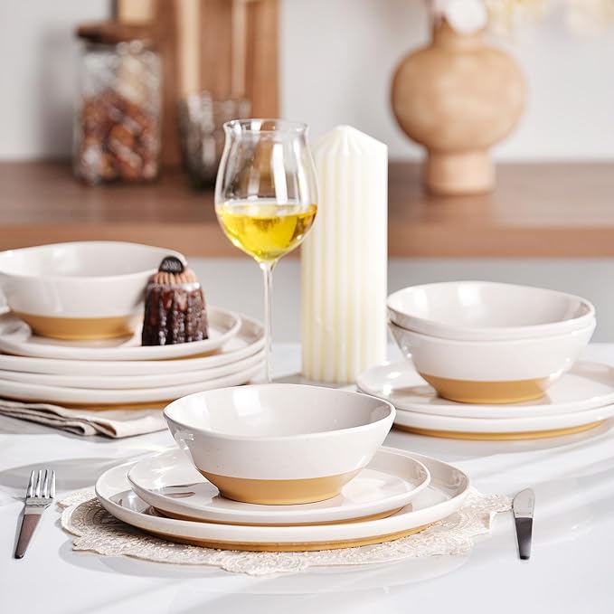 FINE&NICE Melamine Dinnerware Sets of 12 Pcs, Unbreakable Plates and Bowls Set for 4, Dinner Dishes Set for for Patio, RV and Camping, Dishwasher Safe (White with Brown)